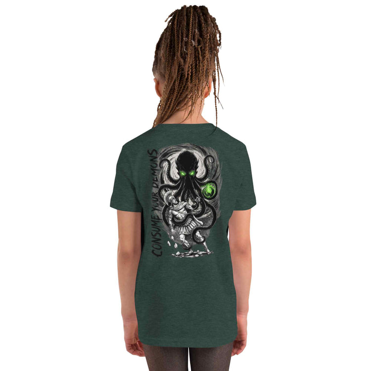 Person wearing a green t-shirt on a white background