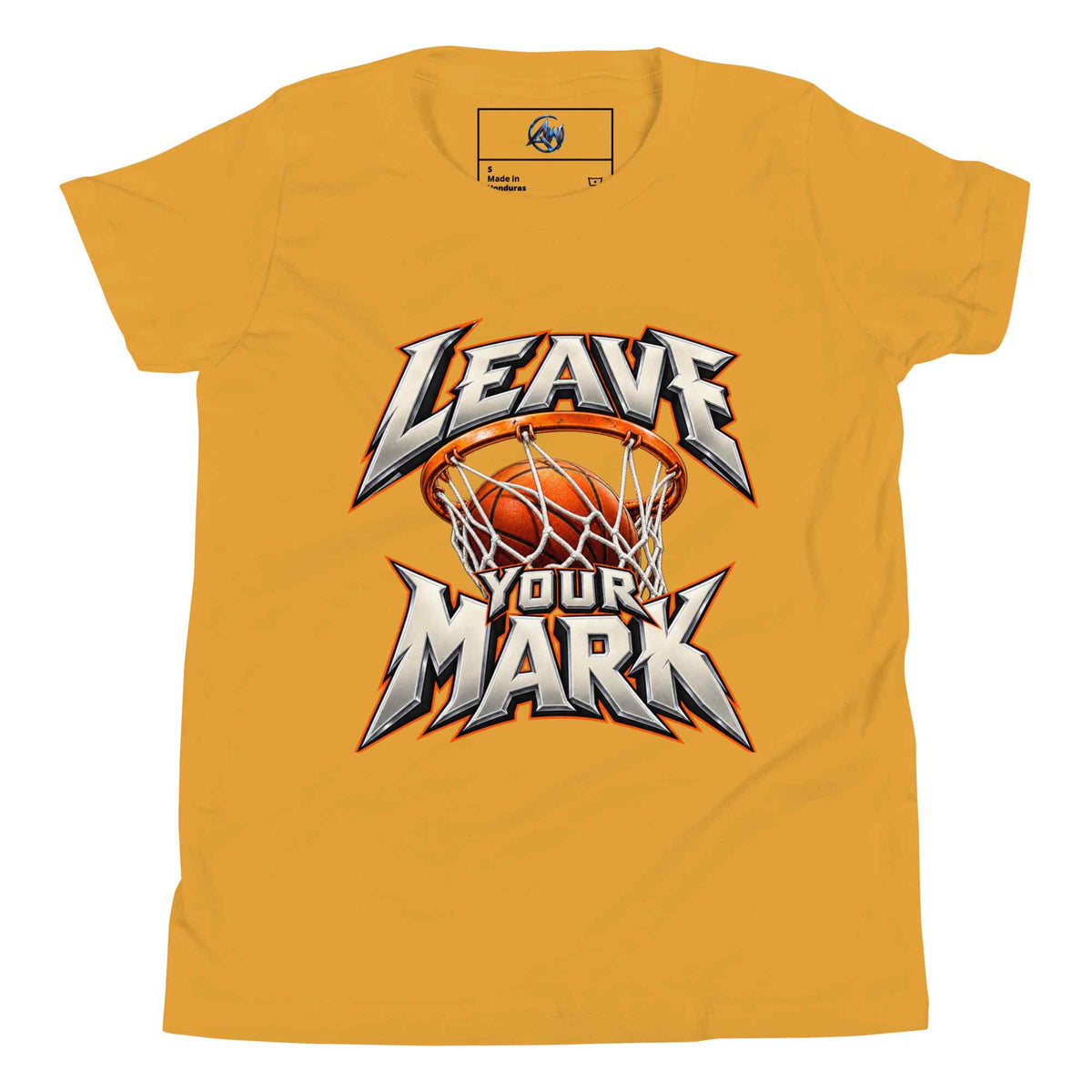 A yellow short-sleeve t-shirt with a graphic on the front featuring a basketball hoop and the text 'LEAVE YOUR MARK' in a stylized white and black font.