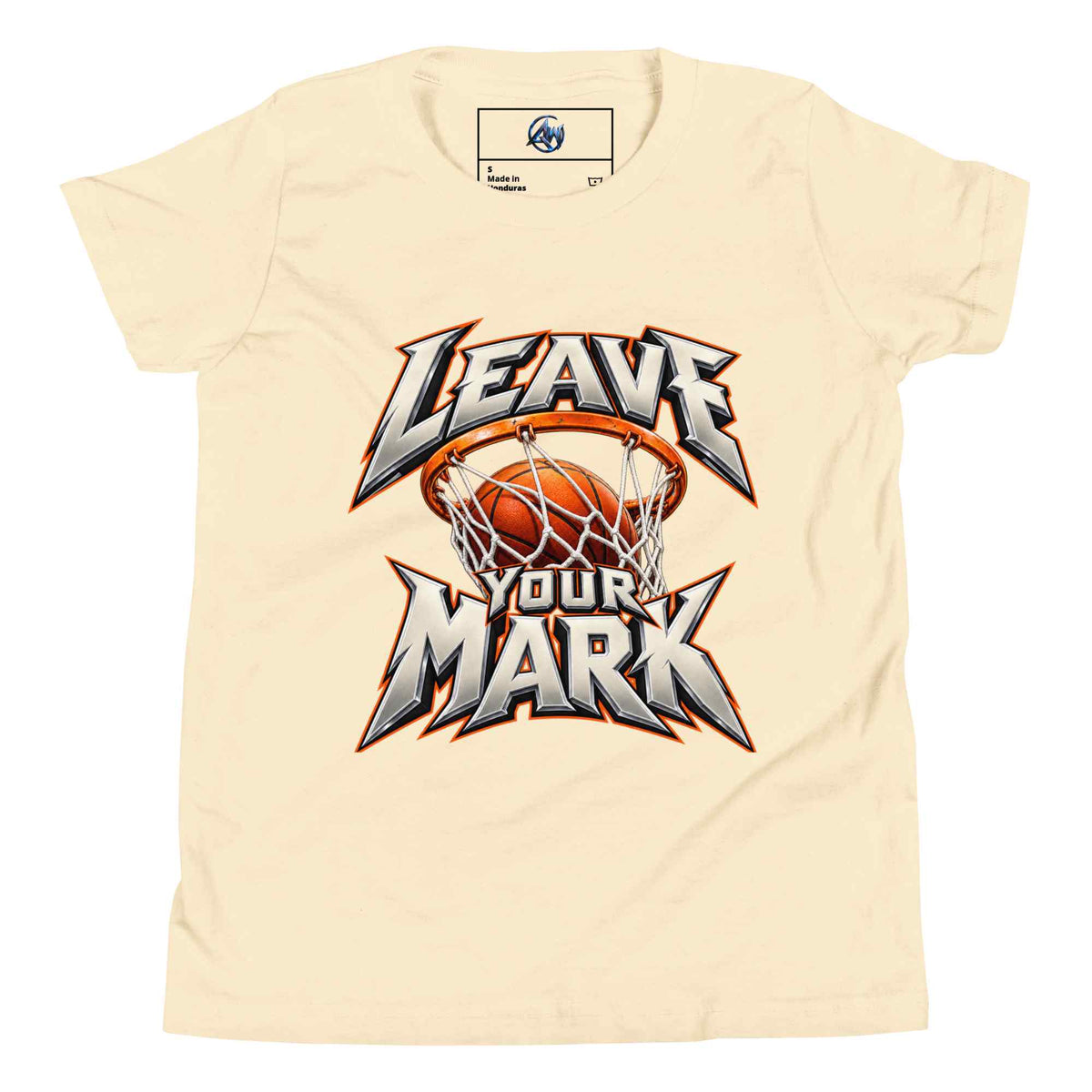A cream-colored short-sleeve t-shirt with a graphic print on the front featuring a basketball hoop, a basketball, and the text 'LEAVE YOUR MARK' in a stylized metallic font.