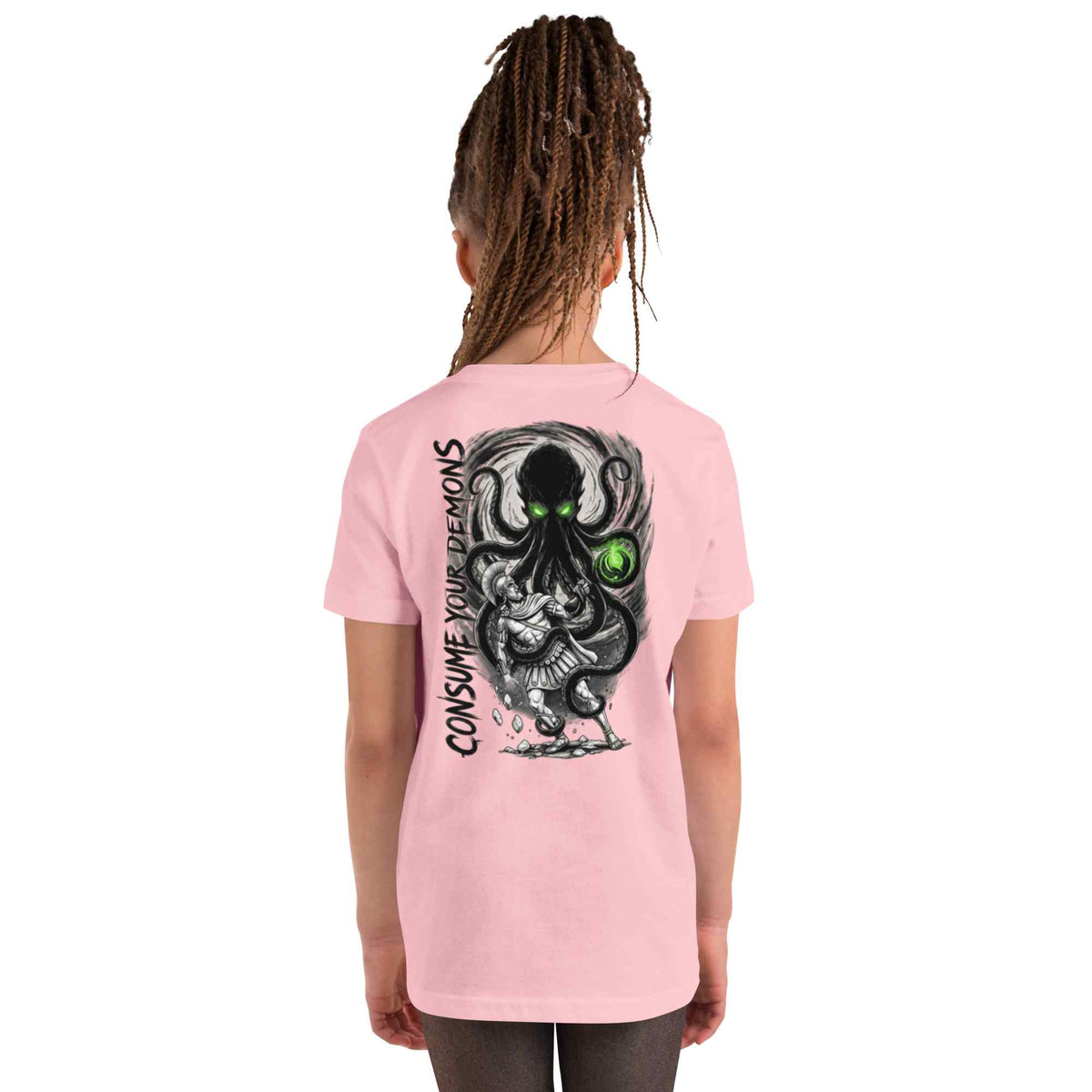 A child model shown from the back wearing a light pink t-shirt with a large black and gray octopus graphic and green eyes on the back, set against a plain white background.