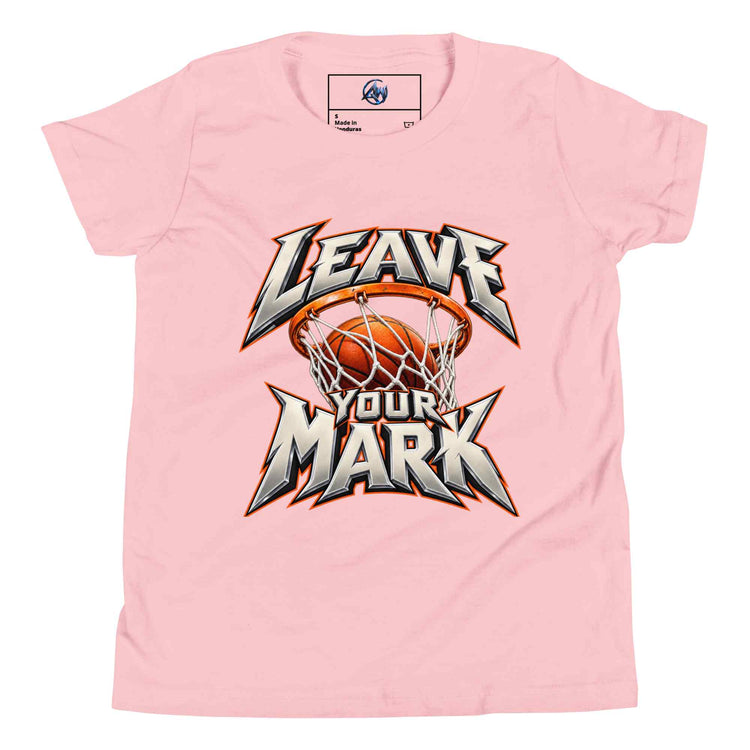 A light pink short-sleeve t-shirt with a graphic on the front featuring a basketball in a hoop and the text 'LEAVE OUR MARK' in a stylized metallic font.