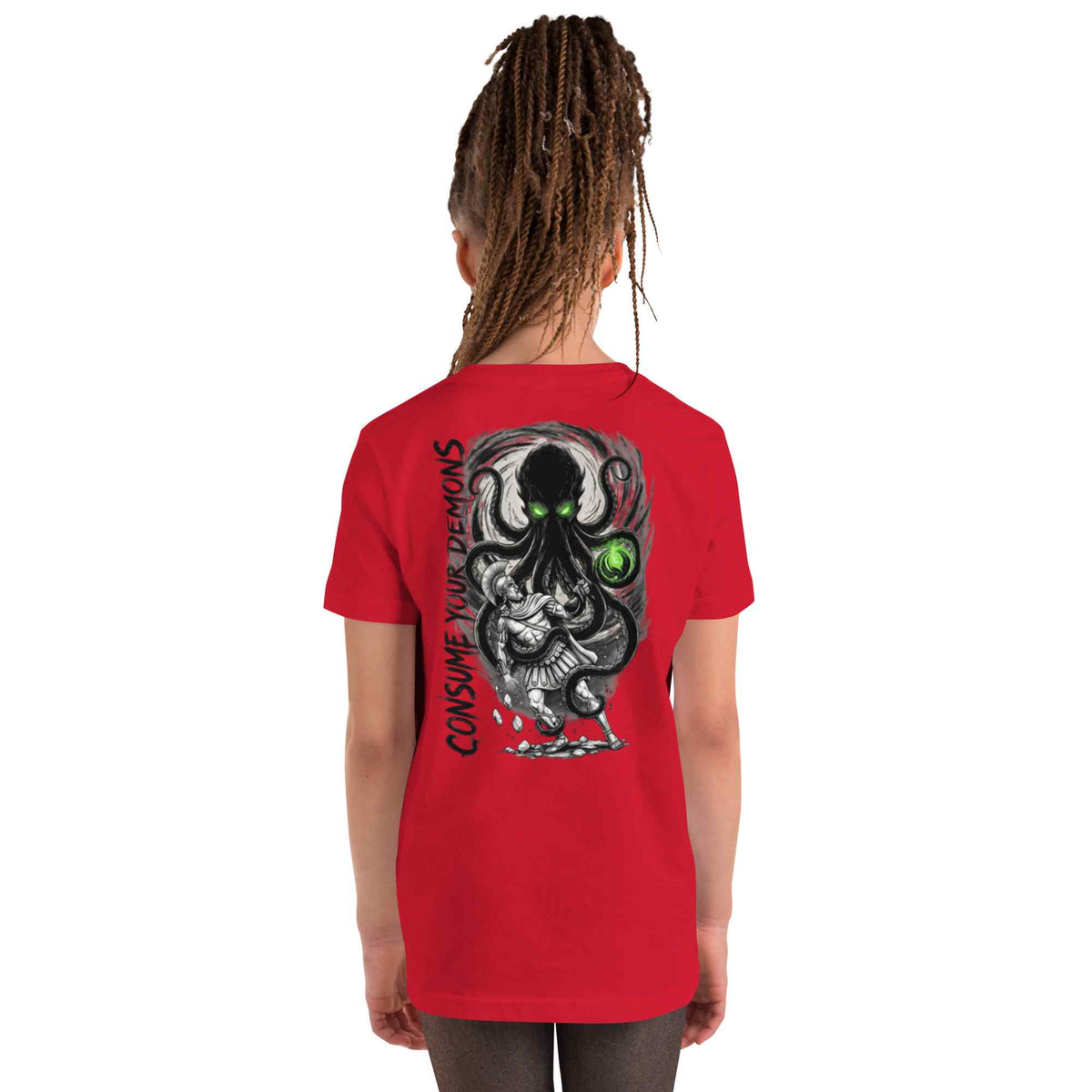 A child model shown from the back wearing a bright red t-shirt with a large black and white octopus graphic and green eyes on the back, set against a plain white background.