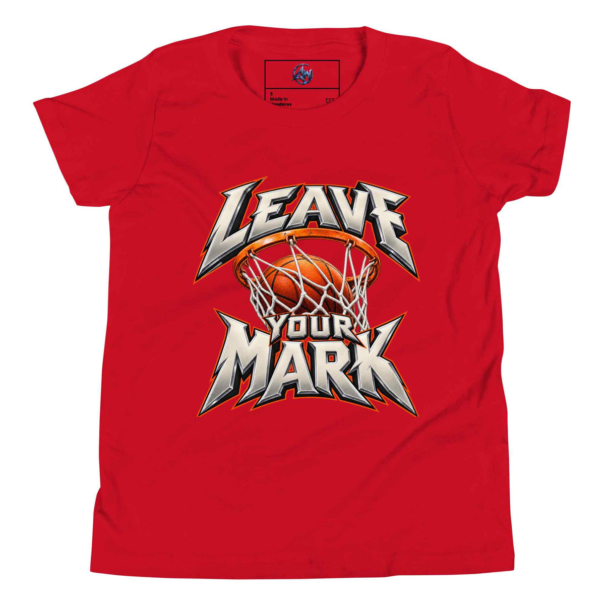 A red short-sleeve crewneck t-shirt featuring a large graphic on the front with the text 'LEAVE YOUR MARK' in a stylized metallic font surrounding a basketball and hoop.