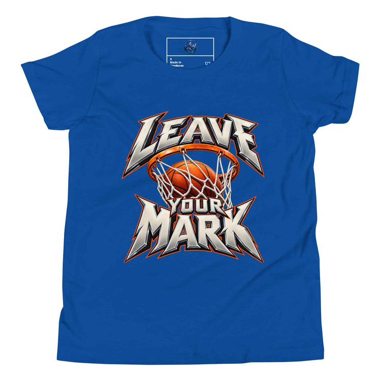 A royal blue short-sleeve t-shirt with a custom graphic print on the front. The graphic features a basketball in a hoop with the text 'LEAVE YOUR MARK' in a stylized metallic font.