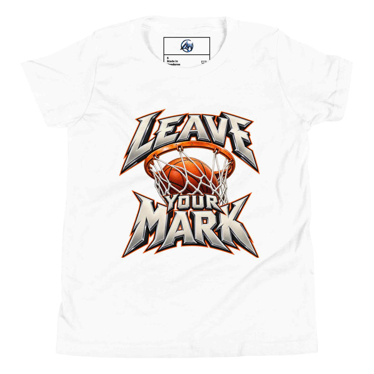 A white short-sleeve crewneck t-shirt featuring a large graphic print on the front. The graphic displays a basketball in a hoop with the stylized text 'LEAVE YOUR MARK' in a bold, metallic silver and black font with orange and white highlights.