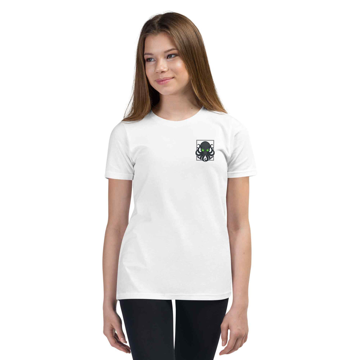 Person wearing a white t-shirt with a  kraken logo and text on a white background