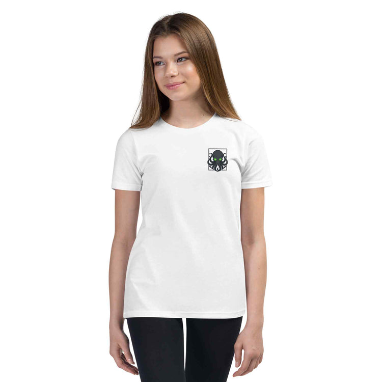 Person wearing a white t-shirt with a  kraken logo and text on a white background